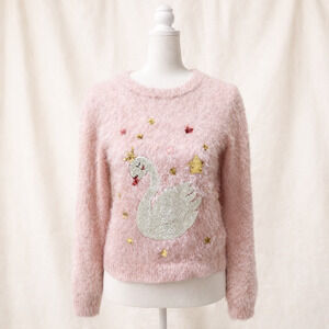 Wonder Nation Youth XL Swan Sweater Pink Fuzzy Graphic Soft Cozy Tween Cute
